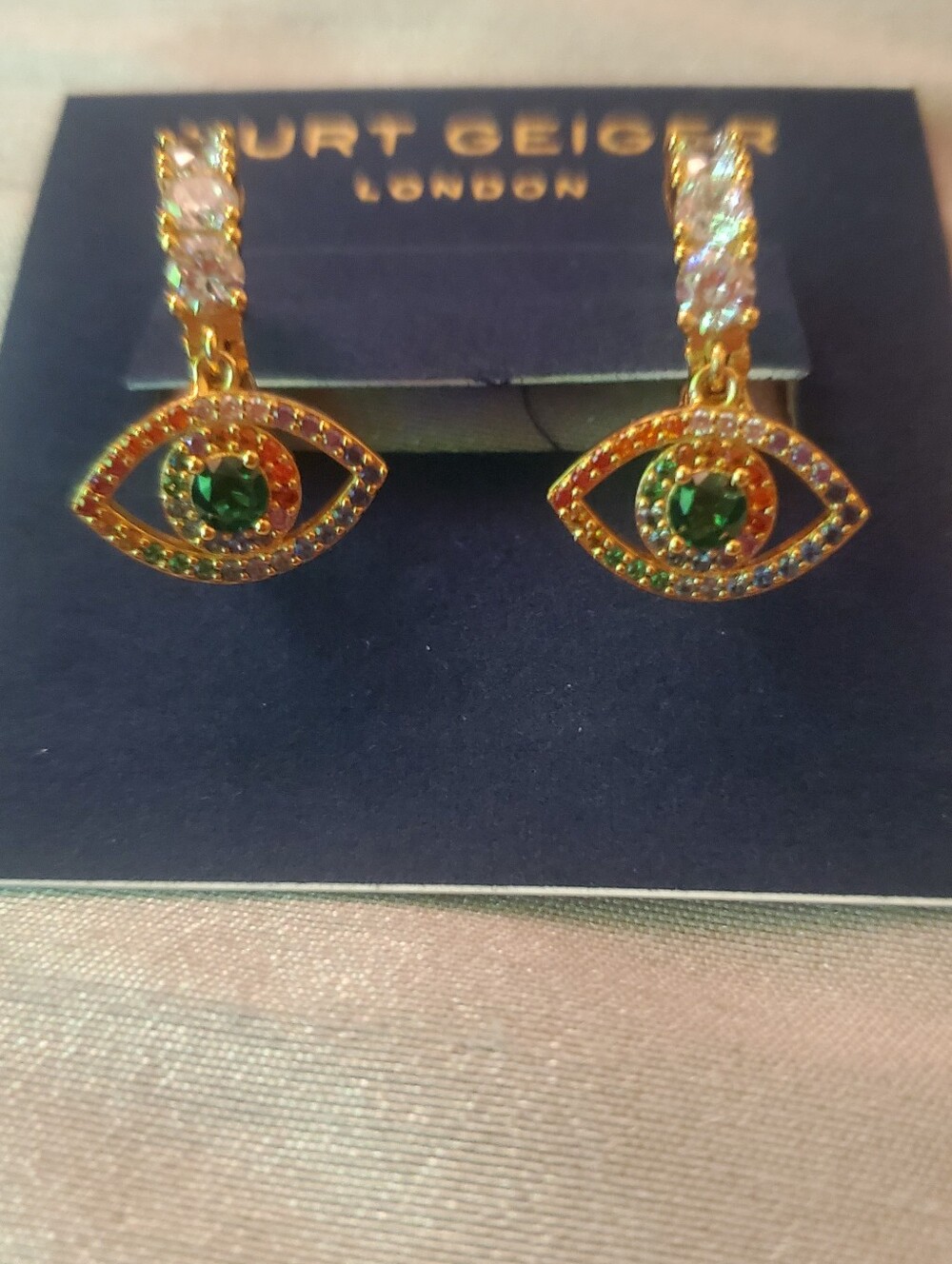 Kurt Geiger Gold-Tone Green and Multicolor Rainbow Crystal Eye Drop Earrings